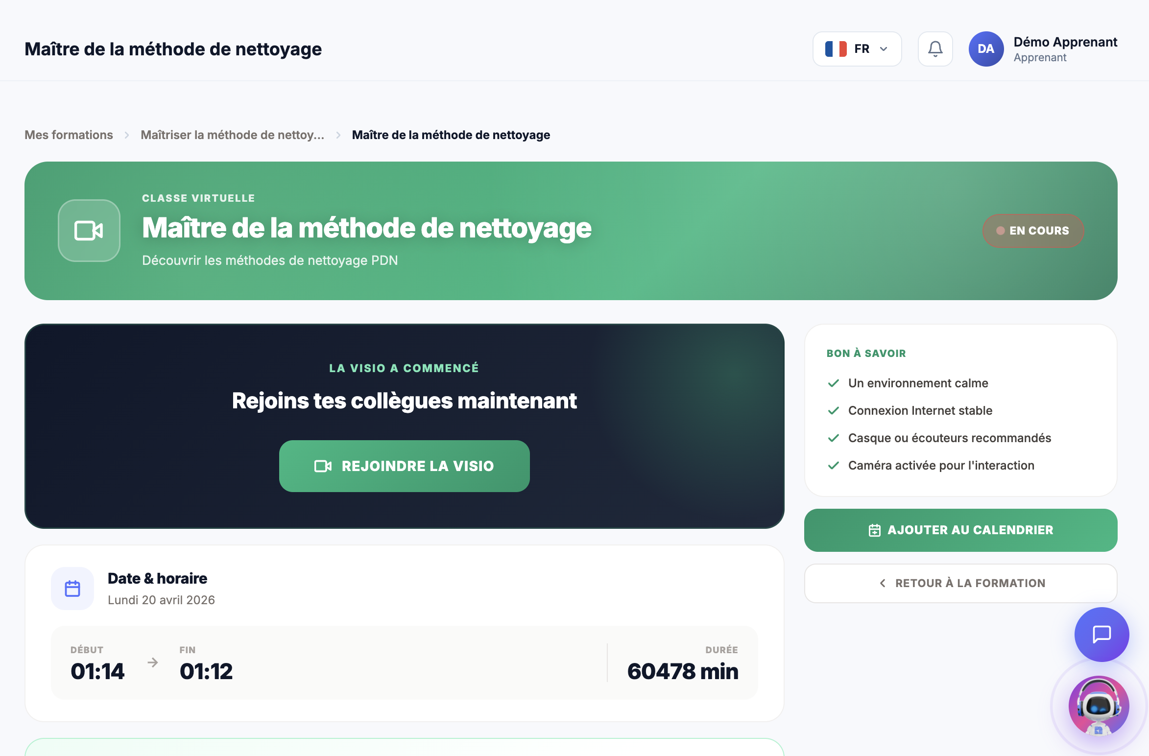Visioconférence en direct avec formateur et participants